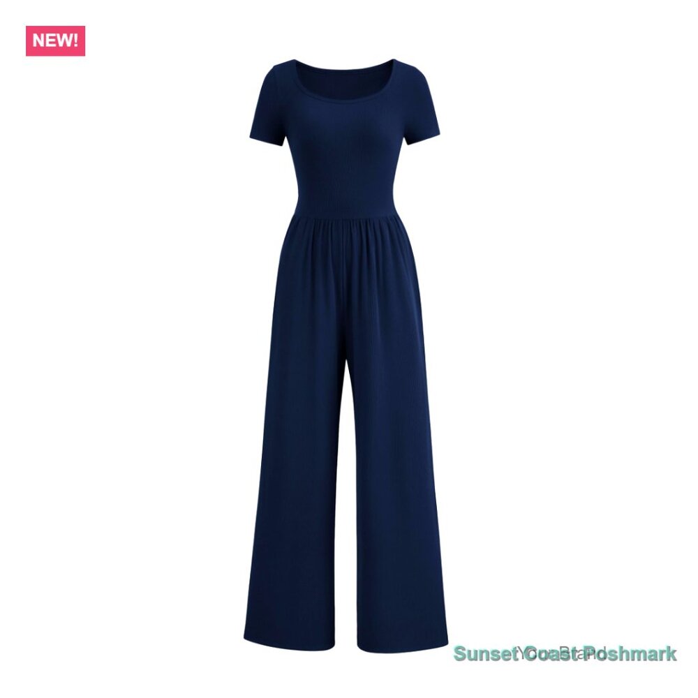 Polyester Elastane Jumpsuit Square Neck Wide Leg … - image 1